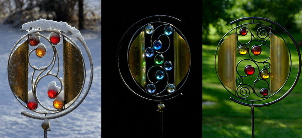 jedes Windspiel ist ein Unikat aus Eisen oder Edelstahl in Verbindung mit handgefertigten Glaskugeln